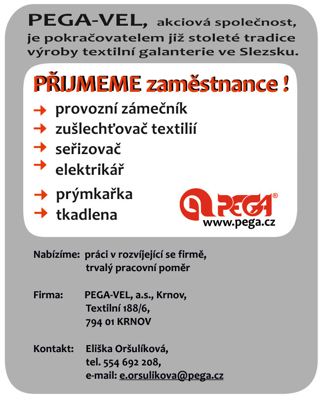 Perspektivní zaměstnání v Krnově Perspektivní zaměstnání v Krnově: seřizovač, instalatér, prýmkařka, tkadlena